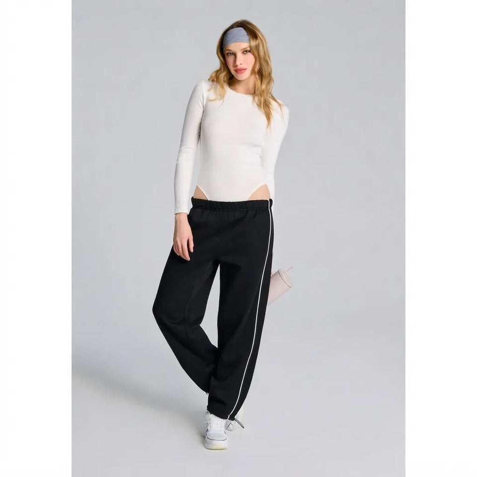 Sinsay Women's Black & White Contrast Piping with Adjustable Toggle Hem Pant