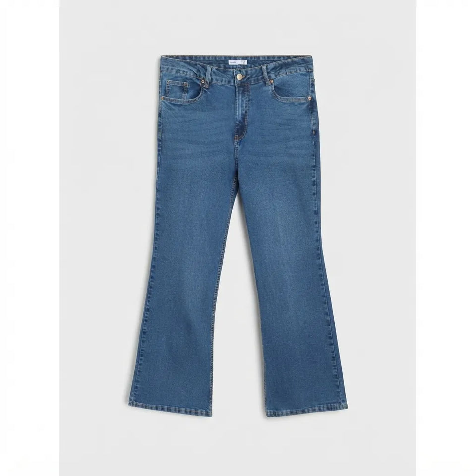 A pair of medium-wash blue denim jeans with a straight-to-flare leg, shown flat against a light gray background.