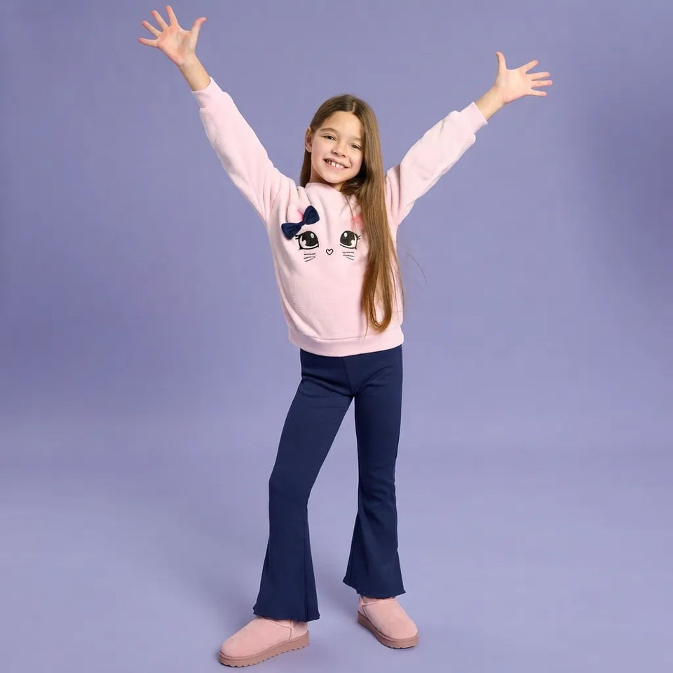 Sinsay Girl's Pink Cat Face Sweatshirt & Navy Flared Set