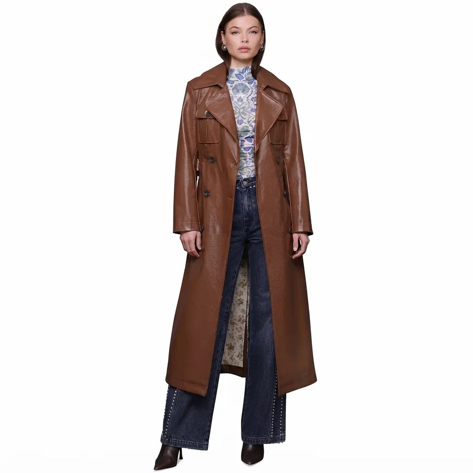 Avec Les Filles Women's Brown Belted Faux-Leather Trench Coat