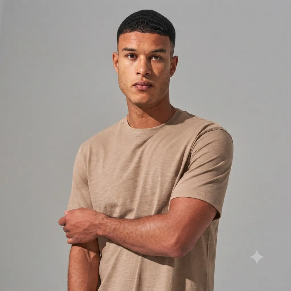 A man wearing a short-sleeve crewneck t-shirt in a light beige color, standing against a solid gray studio background.
