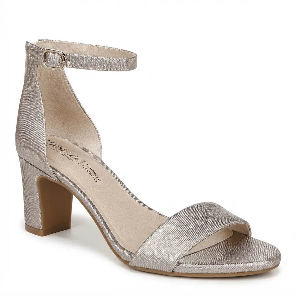 A single metallic champagne gold heeled sandal with an ankle strap and block heel, shown from a side profile on a white background.