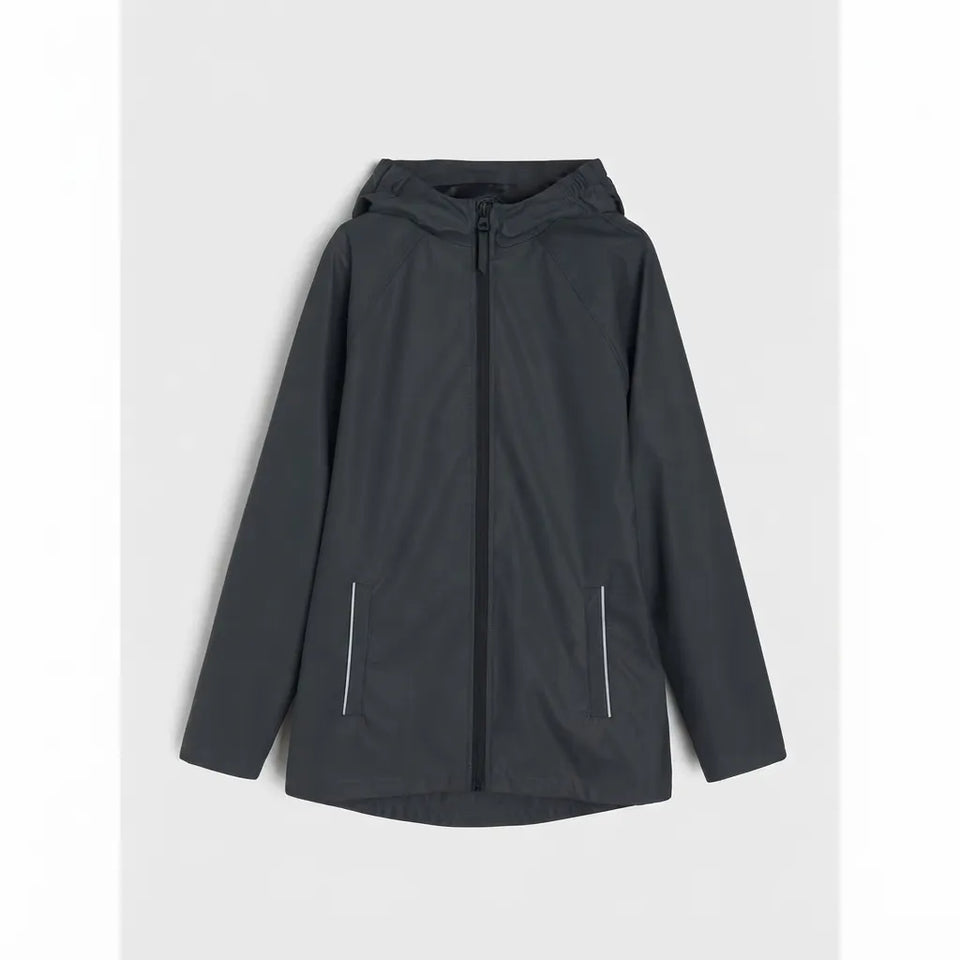 A dark gray hooded rain jacket with a full front zipper and two vertical zippered pockets, displayed against a light gray background.