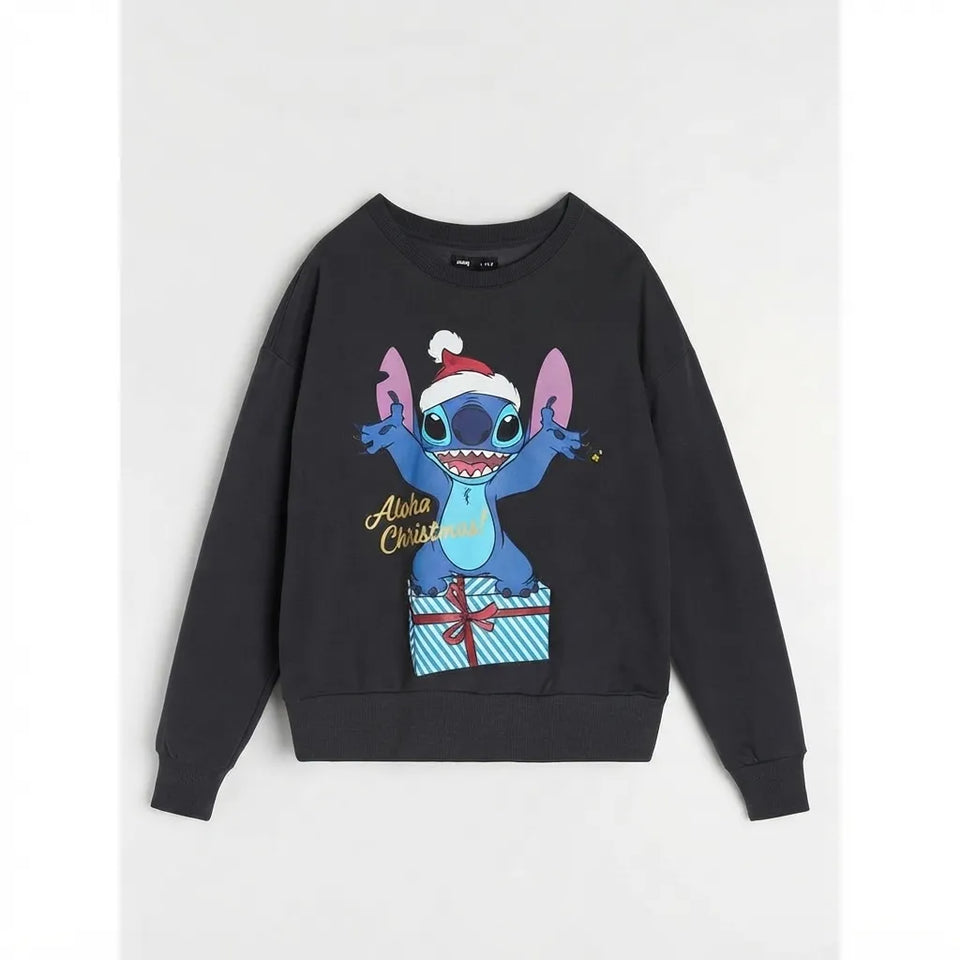 A black crewneck sweatshirt featuring a graphic of Disney's Stitch wearing a Santa hat and sitting on a gift box with 'Alula Christmas' written in gold script.