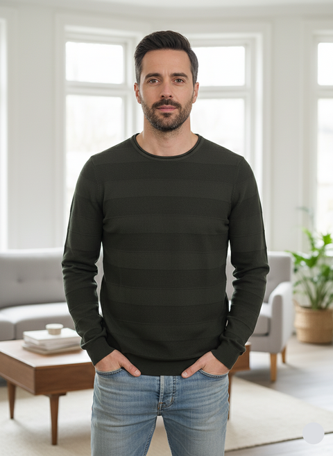 Rebel Men's Olive Green Knitted Crew Neck Long Sleeve Blouse |Rebel In Lebanon