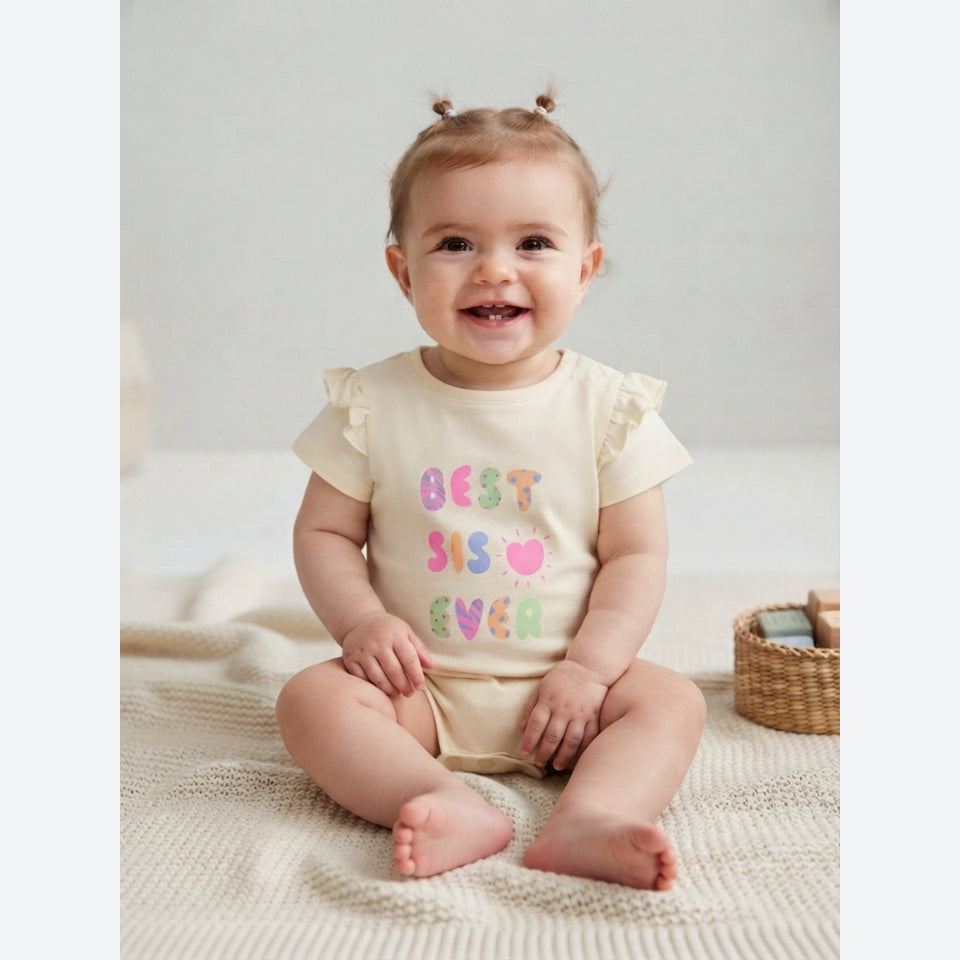 Sinsay Baby Girl's Cream With "Best Sis Ever" Graphic and Ruffle Shoulders Romper