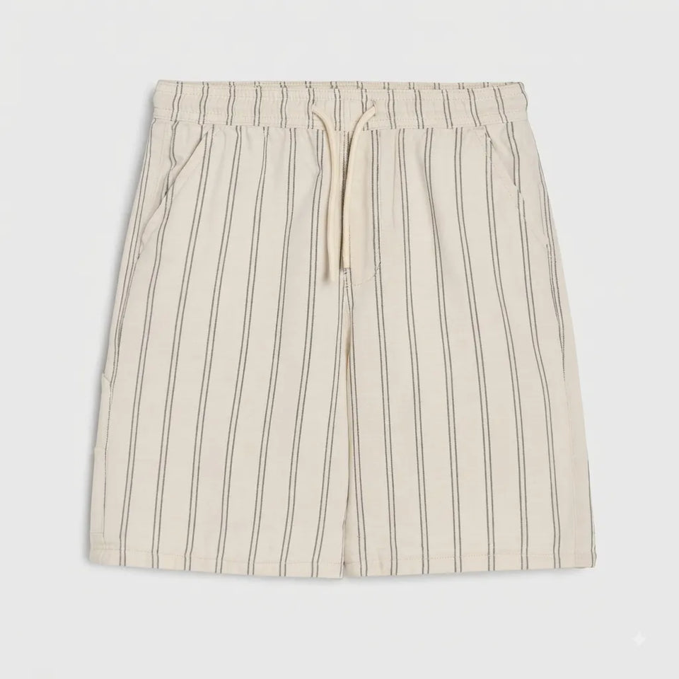A pair of cream-colored shorts with thin vertical dark stripes and a matching drawstring waist, shown flat against a light gray background.