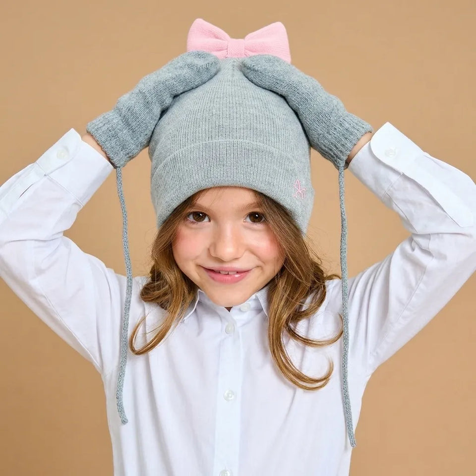 Sinsay Girl's Light Grey Top Pink Bow Ribbed Beanie