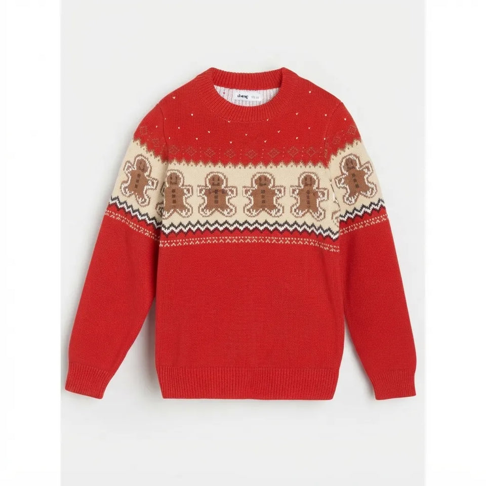 A red crewneck knit sweater featuring a cream-colored horizontal band with gingerbread men motifs and traditional Nordic-style geometric patterns.