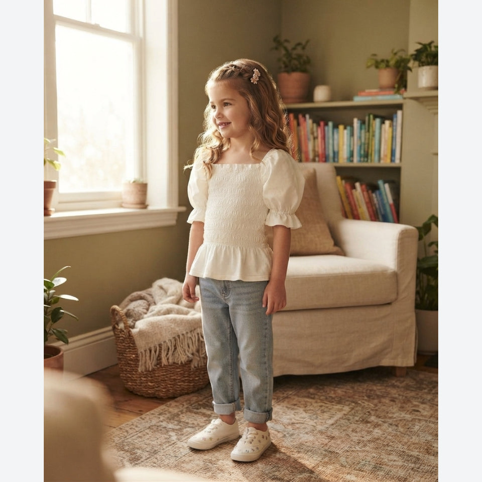 A young girl stands in a sunlit living room wearing a cream puff-sleeve smocked top, light-wash blue jeans, and white sneakers.