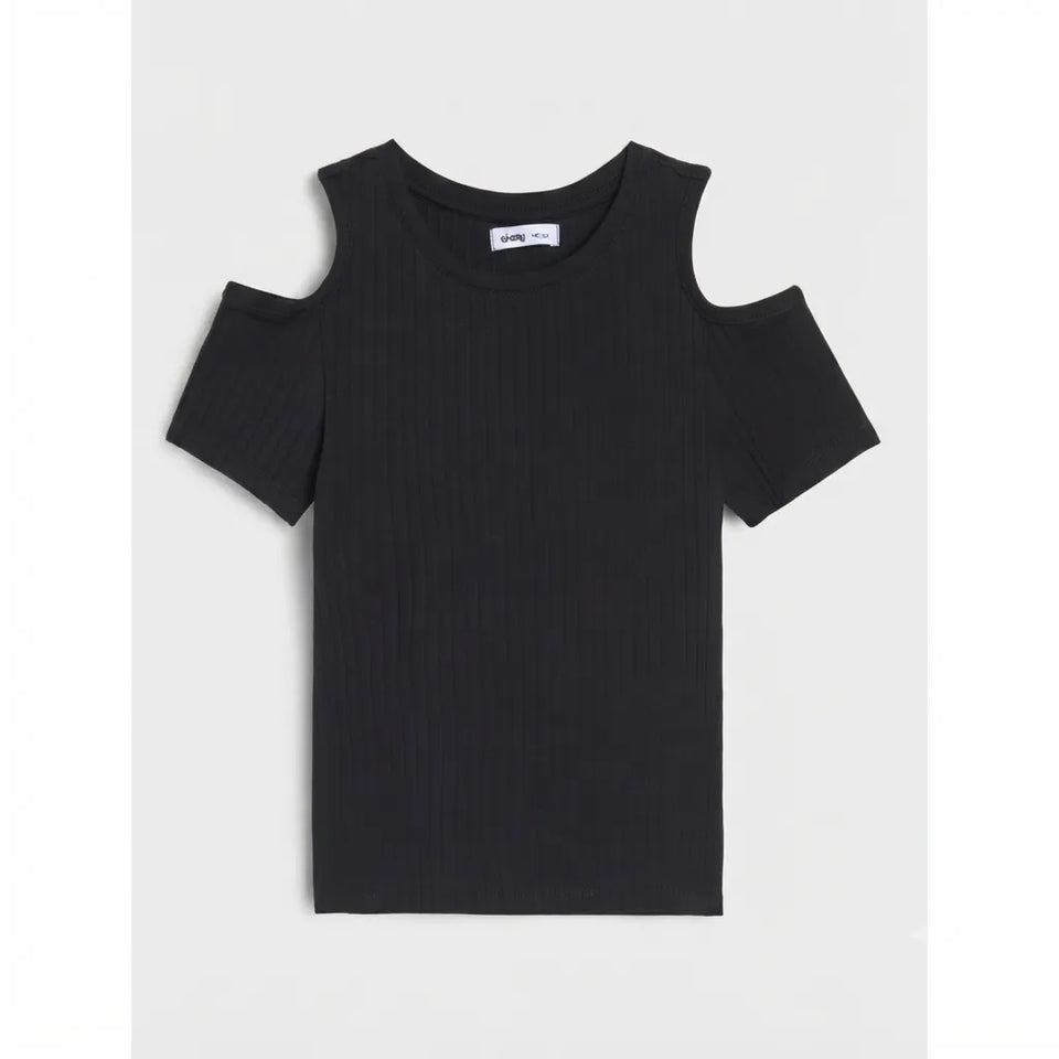A black ribbed short-sleeve top with cold-shoulder cutouts, displayed flat against a light gray background.