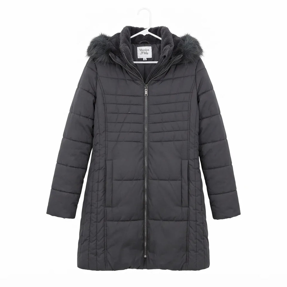 Maralyn & Me Women's Gray Faux Fur Trim Hooded Puffer Coat