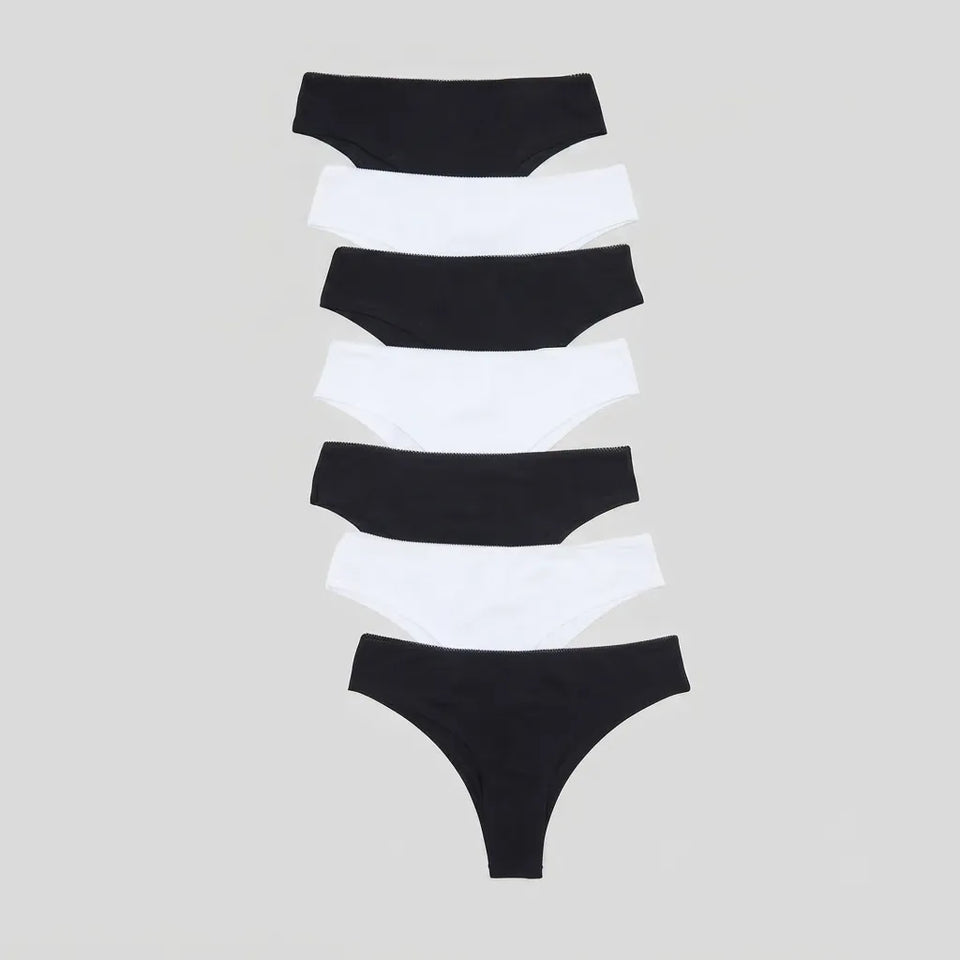 Six pairs of women's bikini-style underwear arranged vertically on a light gray background, alternating black and white.