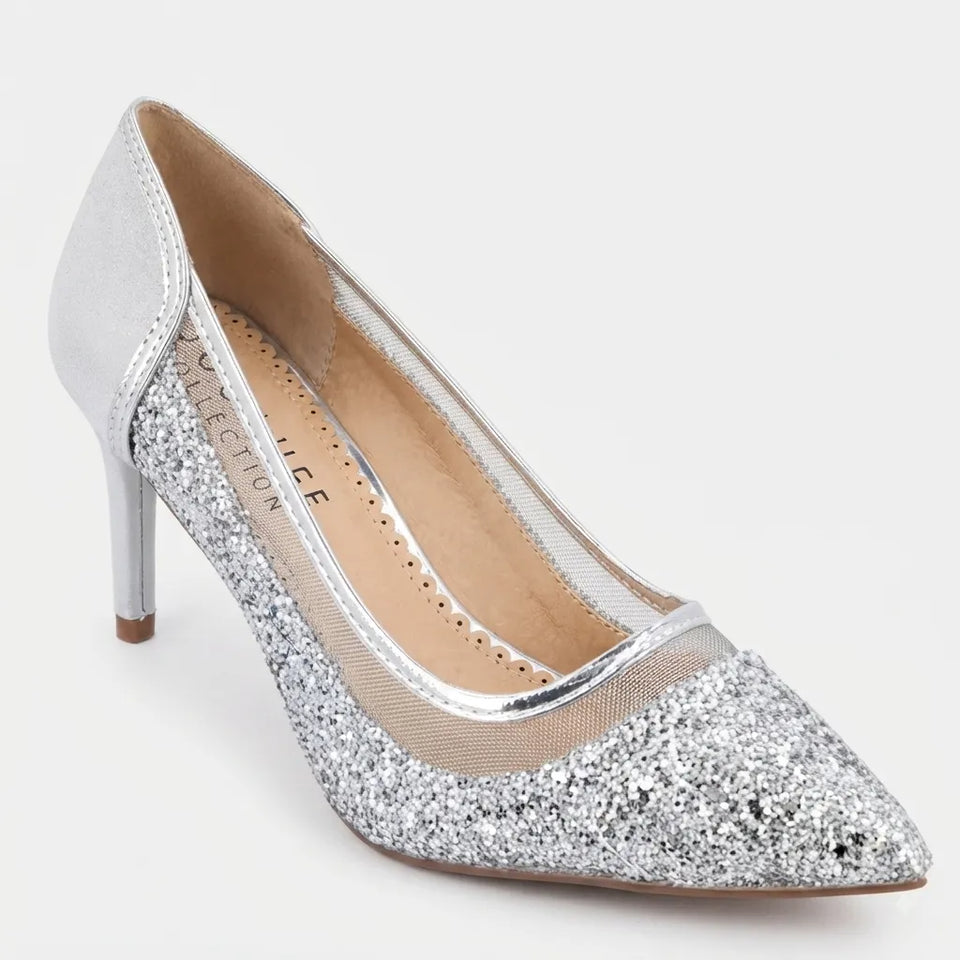 A single silver glitter pointed-toe high heel pump with a sheer mesh side panel and a slim metallic silver stiletto heel, shown on a light gray background.