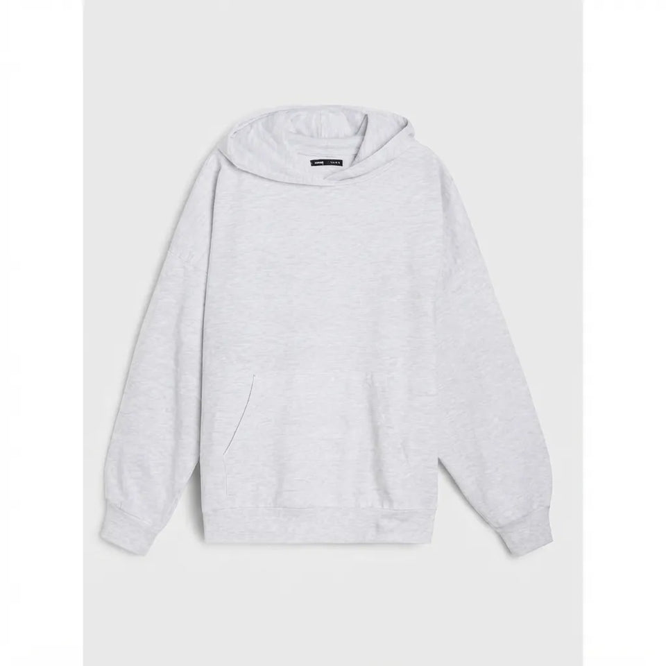 A light gray heather pullover hoodie with a front kangaroo pocket, displayed flat against a light gray background.