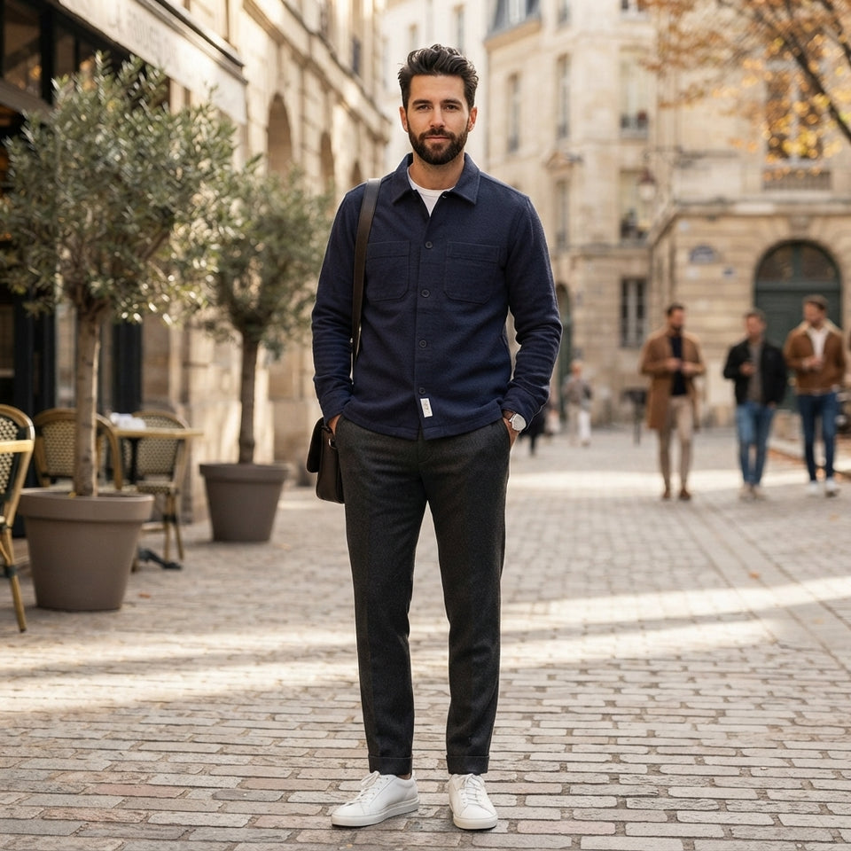 A man stands on a cobblestone street wearing a navy blue button-up shirt, dark charcoal trousers, and white sneakers, with a shoulder bag and a white undershirt visible.