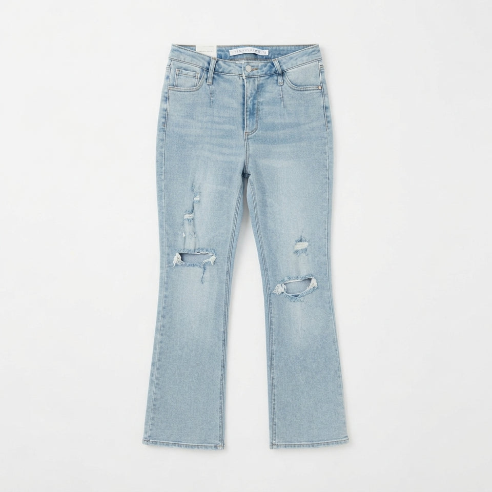 Light wash blue distressed flare jeans with ripped details on the thighs and knees, shown flat against a white background.