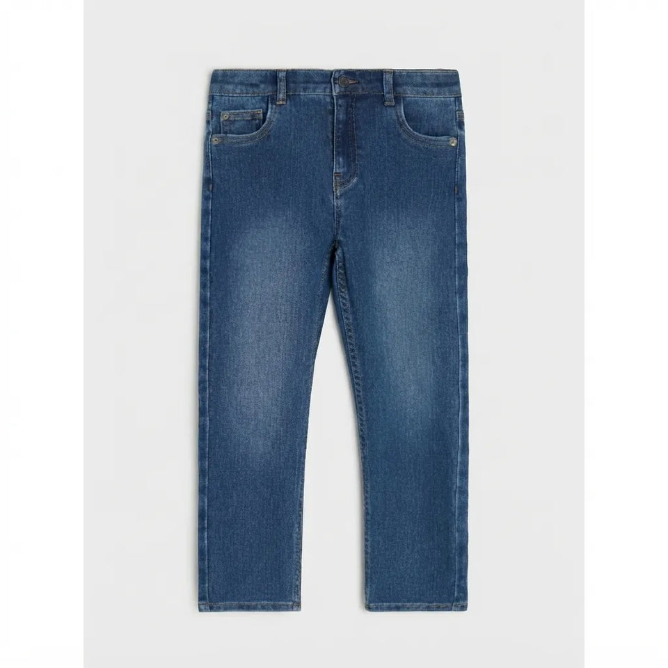 A pair of classic blue denim jeans shown flat against a light gray background.