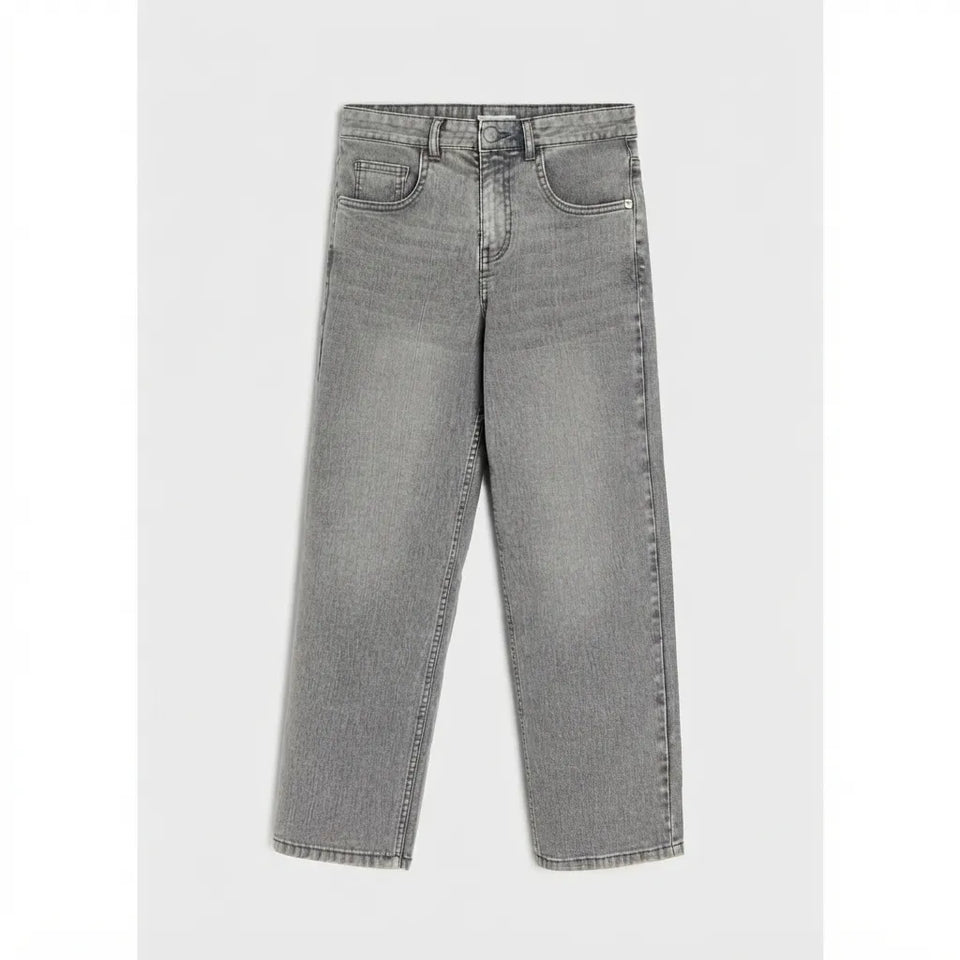A pair of gray washed denim jeans with a straight-leg or wide-leg cut, displayed flat against a light gray background.