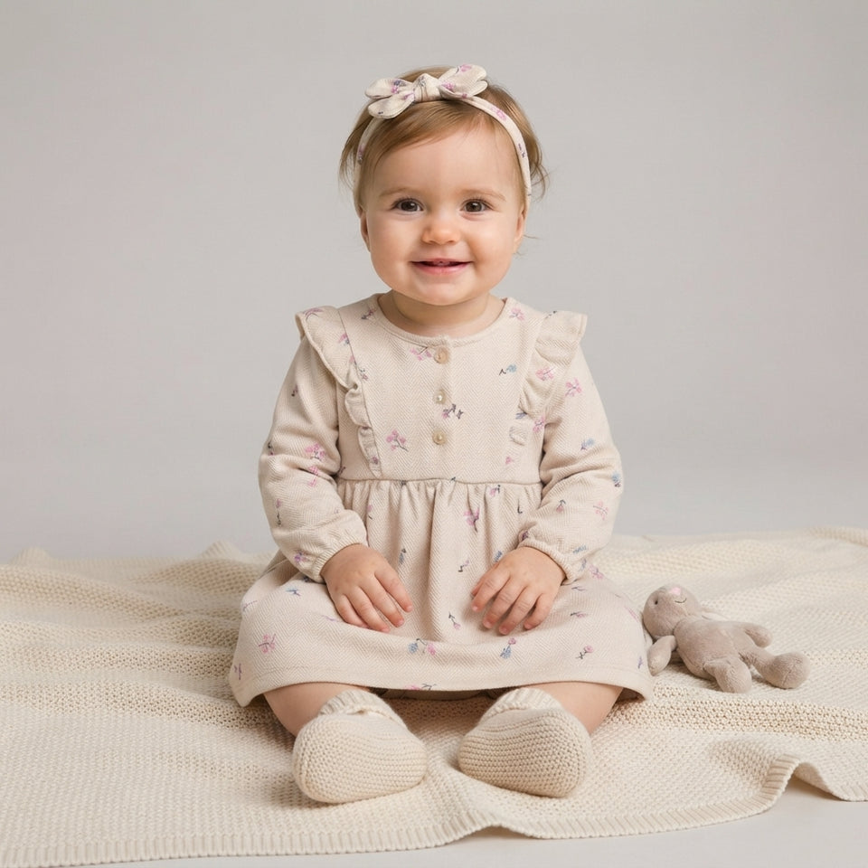 A baby girl sitting on a cream knit blanket wearing a beige long-sleeve dress with a tiny pastel floral print, a matching bow headband, and cream booties, with a small plush toy beside her.