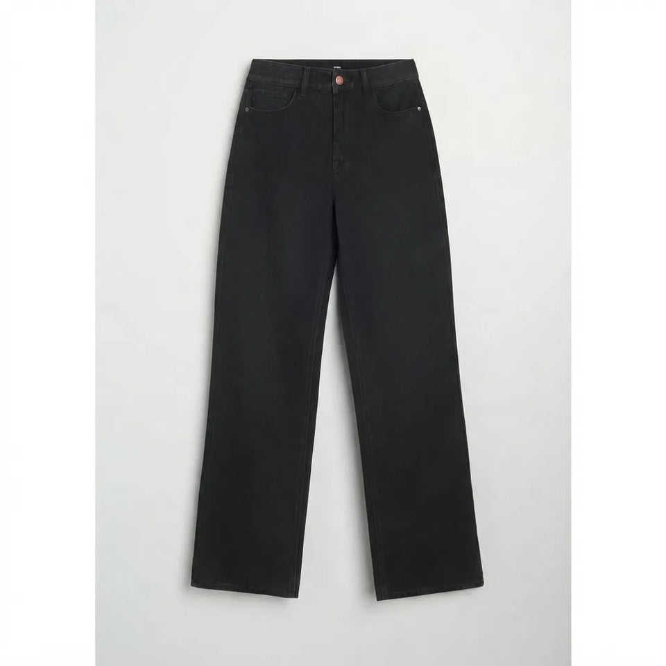Black wide-leg denim jeans shown flat against a light gray background.
