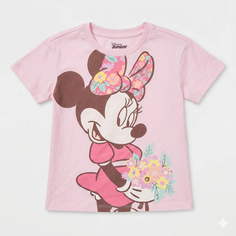 Disney Girl's Pink Minnie Mouse Holding Flowers Printed  T-Shirt   | Disney in Lebanon
