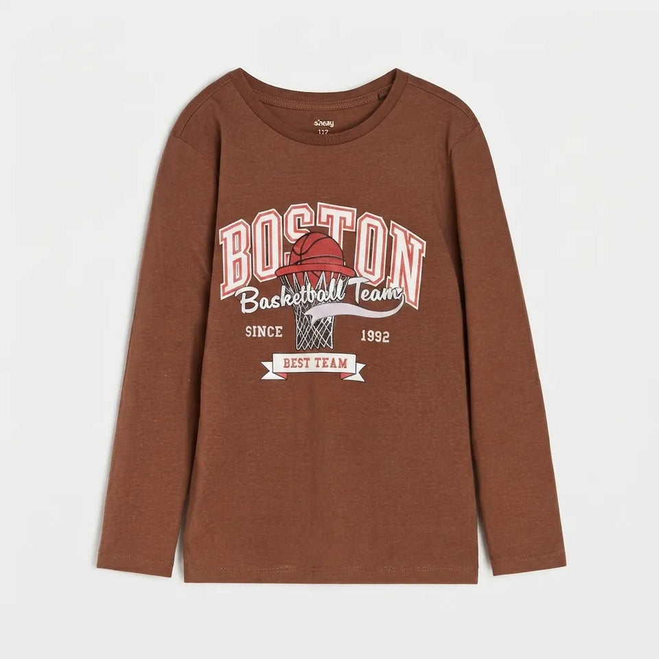 A brown long-sleeve crewneck sweatshirt featuring a 'Boston Basketball Team' graphic on the front, displayed against a light gray background.