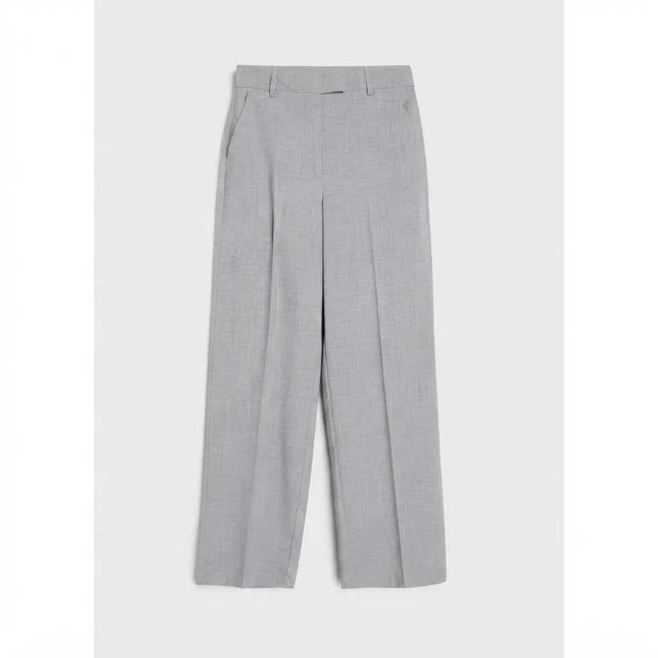 Light gray wide-leg cropped trousers with a subtle textured weave, shown flat against a light gray background.