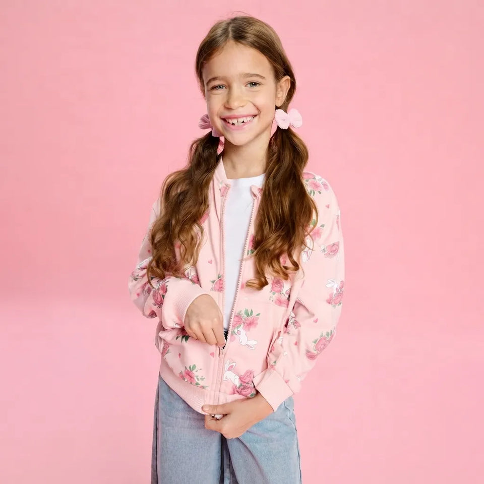 Sinsay Girl's Pastel Pink Zip-up Floral & Front Pocket Jacket