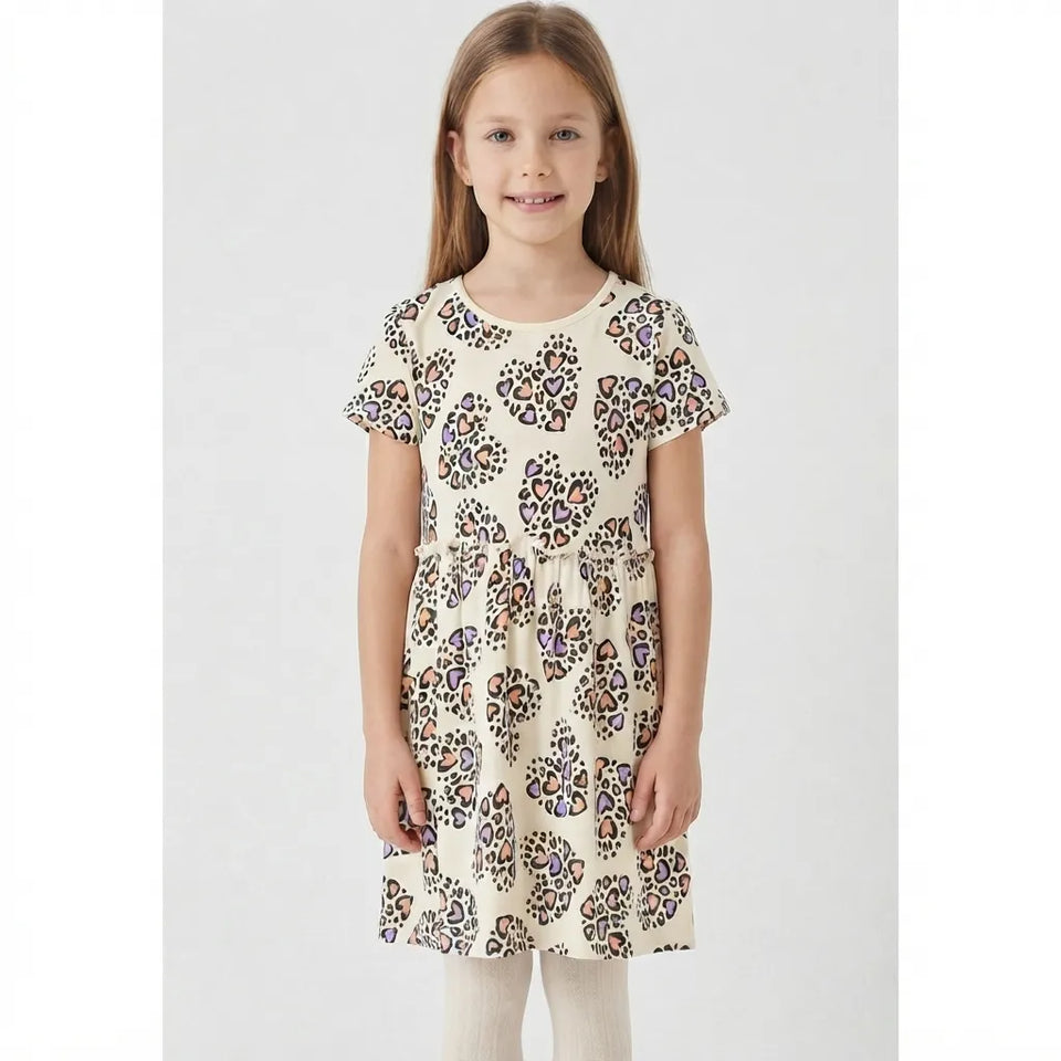 Sinsay Girl's Cream Heart Leopard Print Short-Sleeve Dress