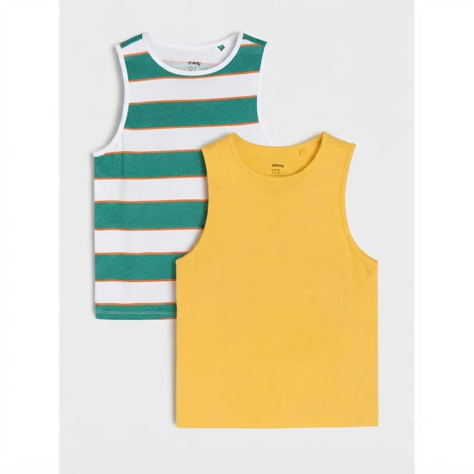 Two sleeveless tank tops laid flat on a light gray background: one with horizontal green, white, and thin tan stripes, and one solid mustard yellow.