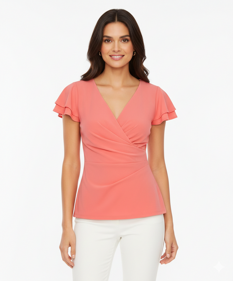 Vince Camuto Women Coral Pink Flutter Sleeve Wrap Top | Vince Camuto in Lebanon