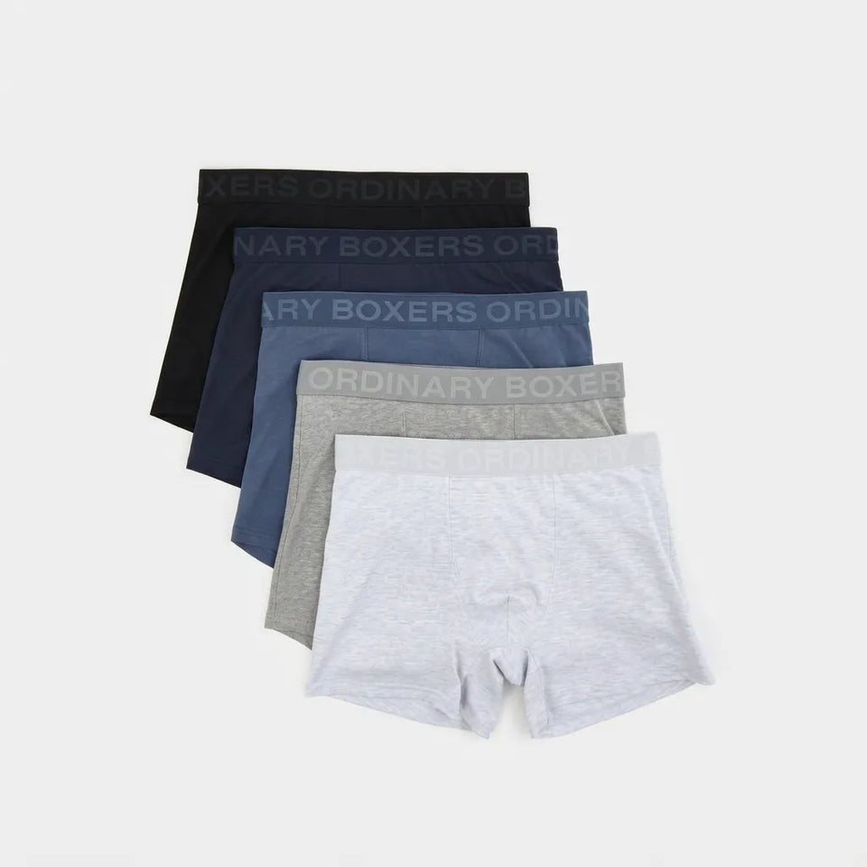 A five-pack of men's boxer briefs from Ordinary Boxers, fanned out on a light gray background. The pack includes black, dark navy, medium blue, heather gray, and light heather gray pairs, each with its brand name printed on the waistband.