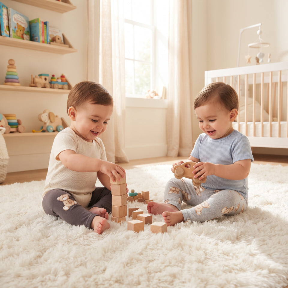 Two toddlers sitting on a fluffy white rug in a bright nursery, playing with wooden blocks and a wooden toy car. One toddler wears a cream shirt and dark gray pants, and the other wears a light blue shirt and light gray patterned pants.