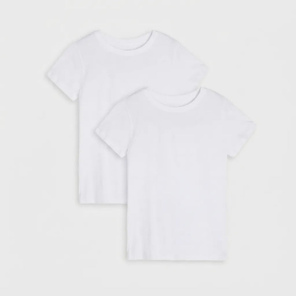 Two plain white short-sleeve crewneck T-shirts shown overlapping on a light gray background.