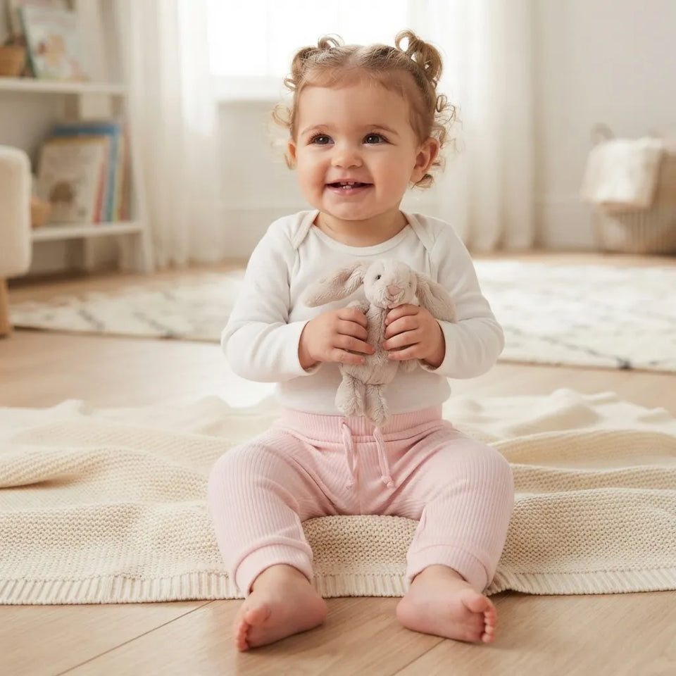 A baby girl sitting on a cream knit blanket in a bright room, wearing a white long-sleeve top and light pink ribbed pants, holding a plush bunny toy.