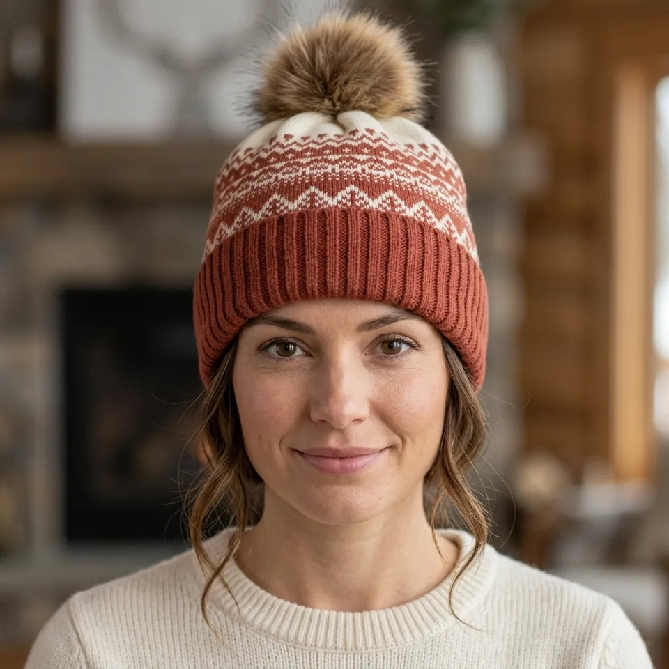 A woman wearing a rust red and cream knit beanie with a brown faux fur pom-pom, photographed in a cozy indoor setting.