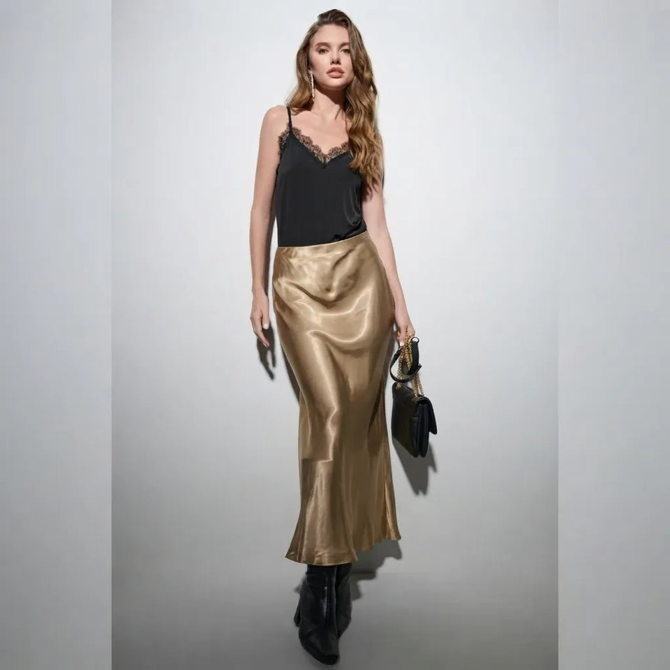 Sinsay Women's Gold High-Waisted Satin Silk Midi Slip Skirt