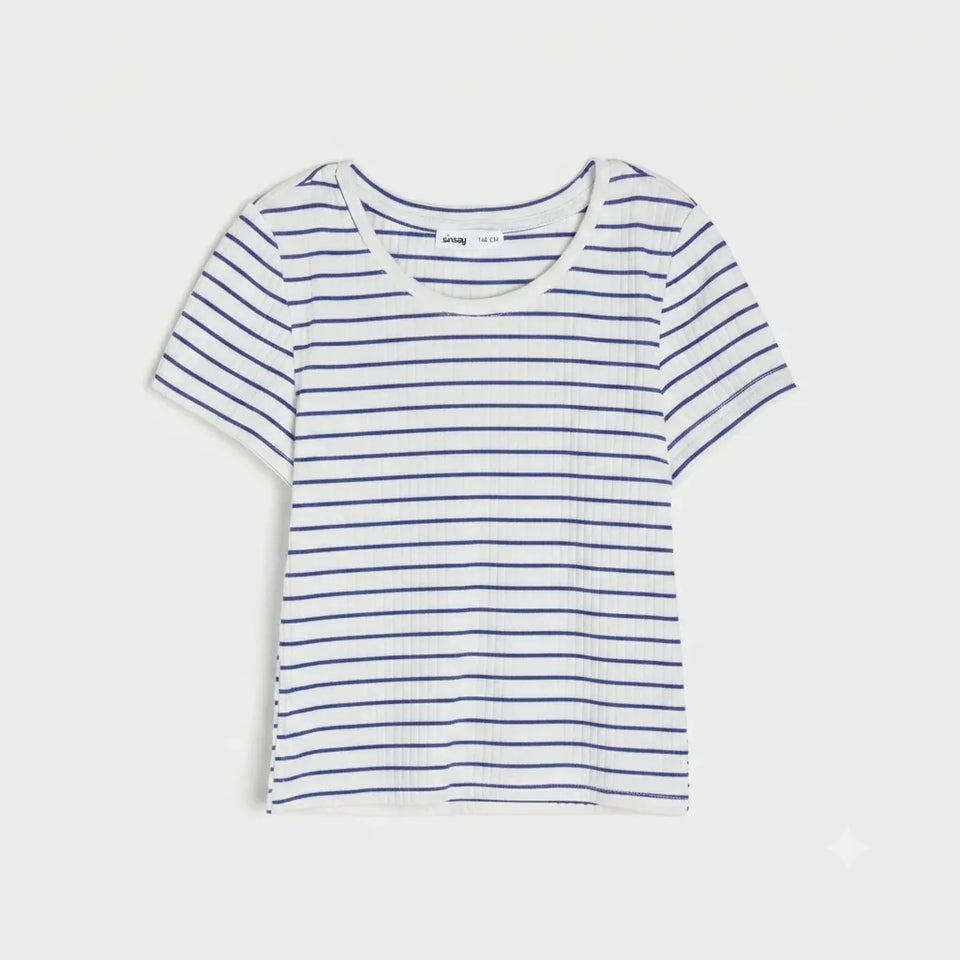 A short-sleeve crewneck ribbed knit top with horizontal navy blue stripes on a white background, shown flat against a light gray studio background.