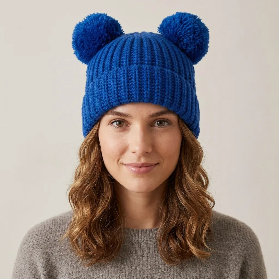 Karl Lagerfeld Paris Women's Blue Chunky Knit Double Pom-Pom Hat