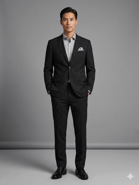 Man wearing a black pinstripe suit with a gray background