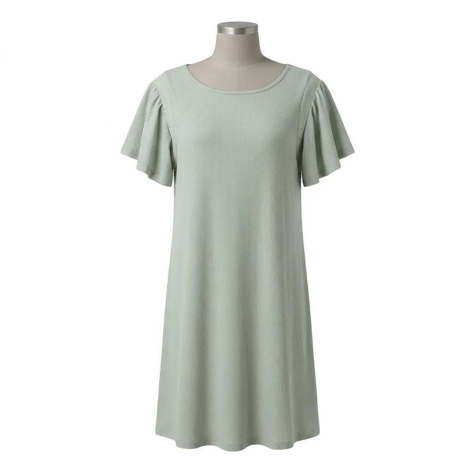Ecothreads Women's Sage Green Ribbed Ruffle Sleeve Dress