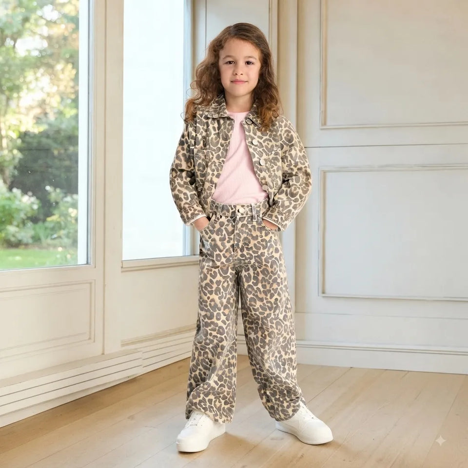 A young girl stands in a bright room wearing a matching beige and brown leopard-print jacket and trousers set, styled with a light pink top and white sneakers.