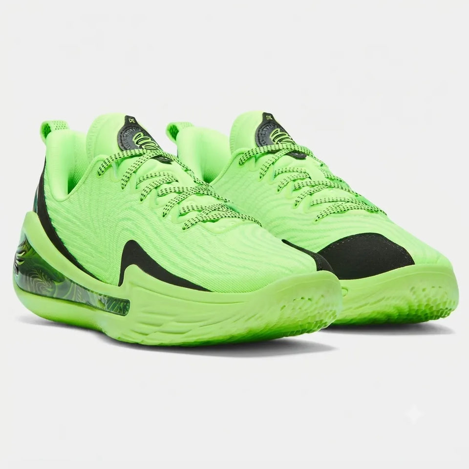 A pair of Nike low-top sneakers in a vibrant neon lime green colorway, featuring black accents on the swoosh, tongue, and toe box, set against a clean light gray background.