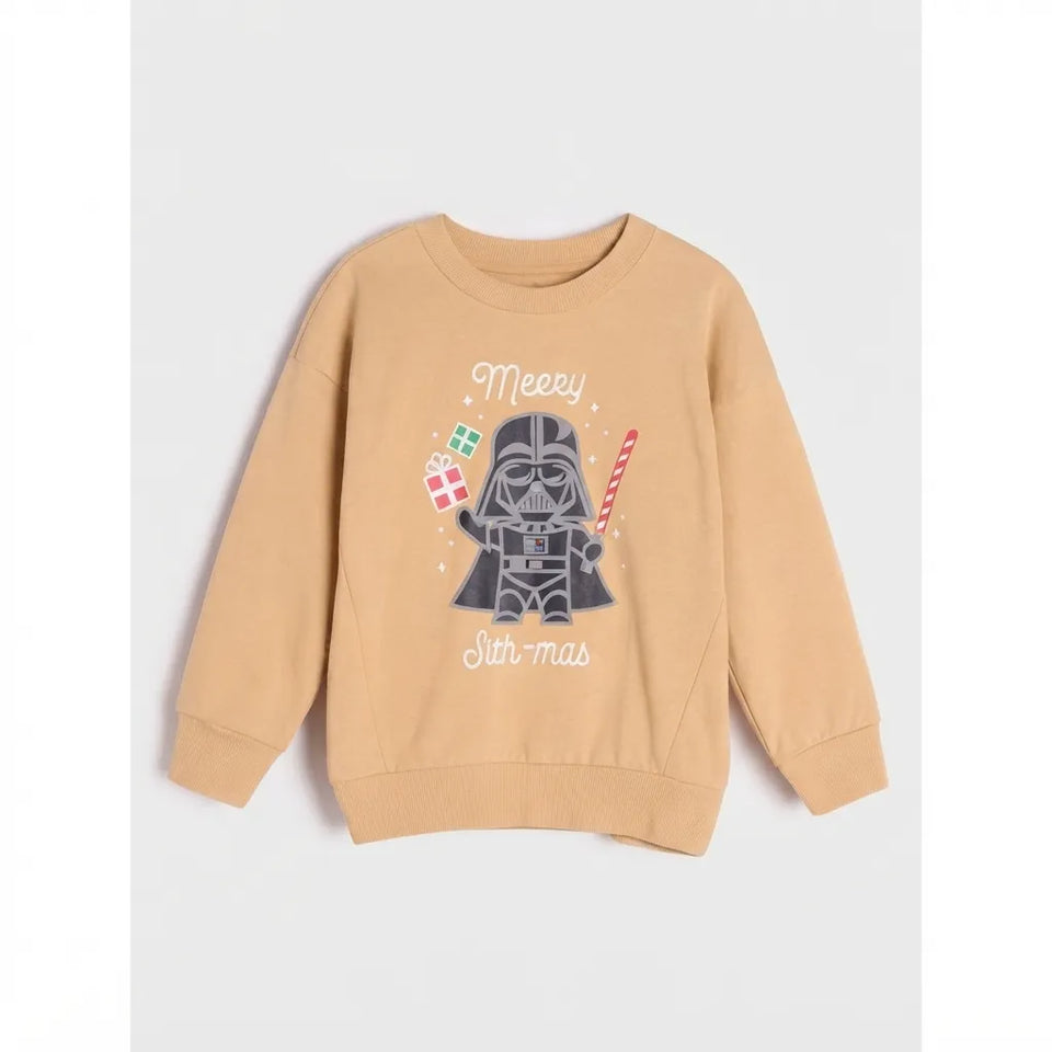 A beige crewneck sweatshirt featuring a Darth Vader graphic with 'Merry Star-mas' text, displayed on a light gray background.