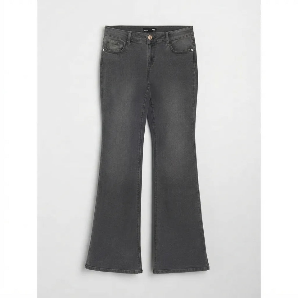 A pair of dark gray flared denim jeans shown flat against a light gray background.