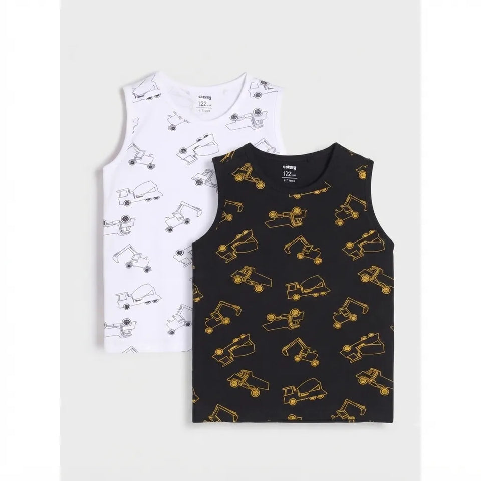 Two sleeveless tank tops for kids, one white with black construction vehicle outlines and one black with yellow construction vehicle outlines, displayed on a light gray background.