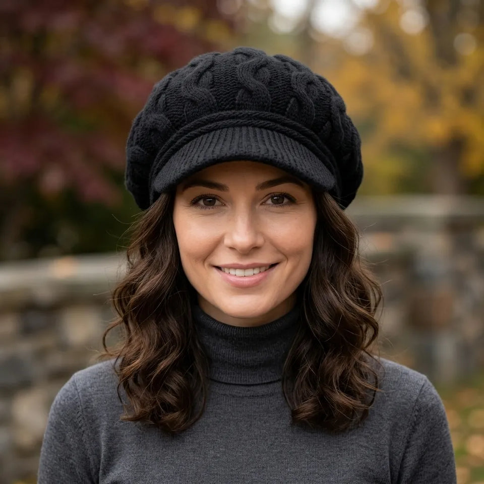 Style & Co Women's Black Cable-Knit Newsboy Cap