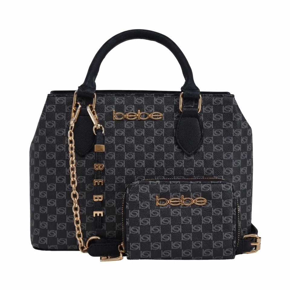 Black and gray monogram handbag set with gold-tone hardware, featuring a structured tote bag, a matching front zip pouch, and a detachable chain strap with the brand name 'BeBe'.