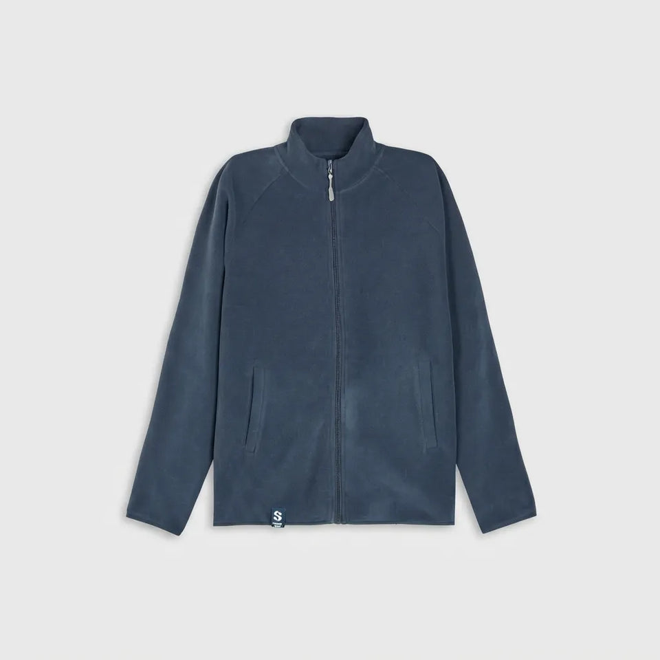 A dark slate blue zip-up fleece jacket with a stand collar, shown flat against a light gray background.